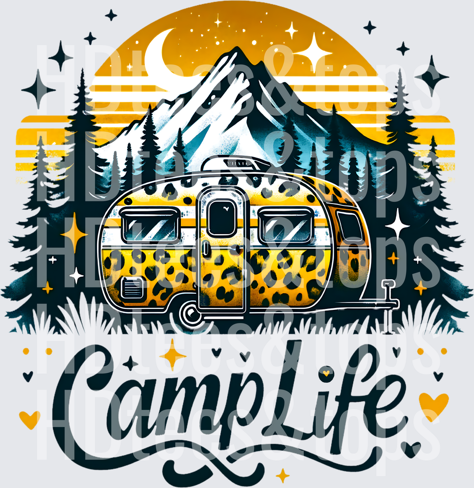 Camp Life Leopard Print Camper Mountain Sunset