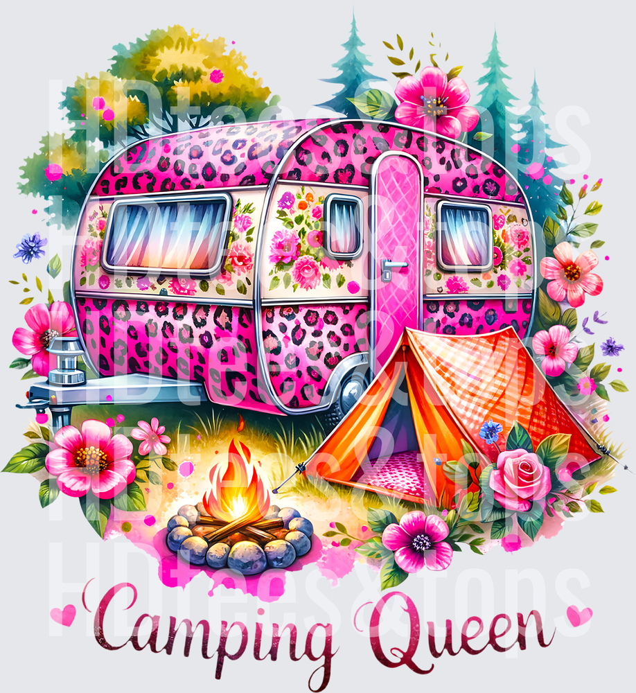 Camping Queen Pink Leopard Print Camper Trailer Campfire Floral