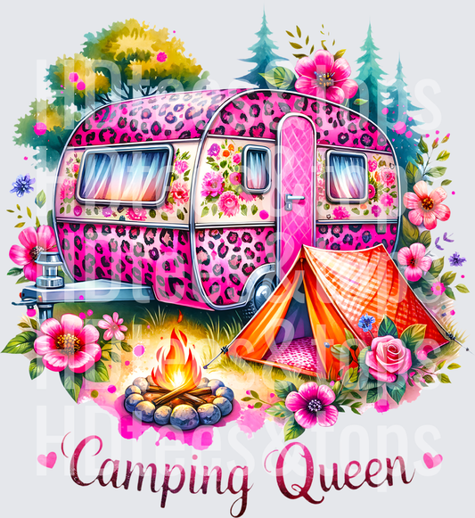Camping Queen Pink Leopard Print Camper Trailer Campfire Floral