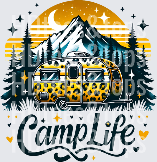 Camp Life Leopard Print Camper Mountain Sunset