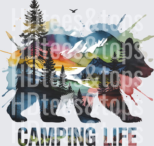 Camping Life Watercolor Bear Double Exposure Forest Scene
